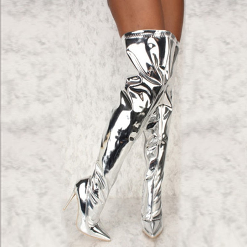 Women Sexy Silver Mirror Thigh High Boots