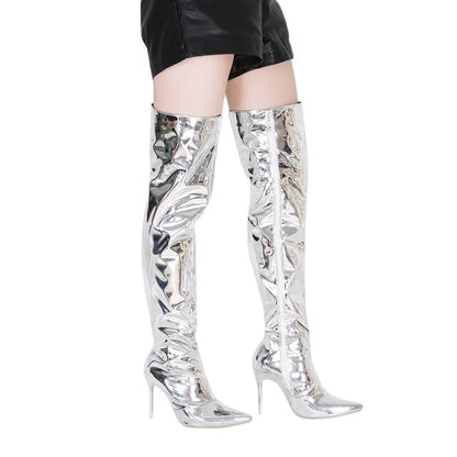 Women Sexy Silver Mirror Thigh High Boots