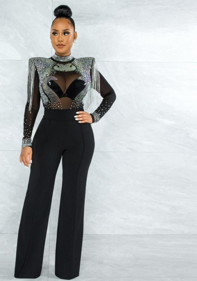 Mesh Shoulder Cotton Long Sleeves Jumpsuit