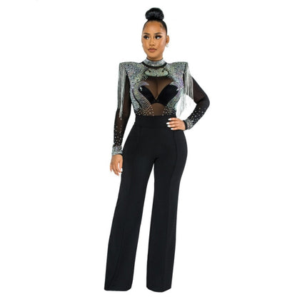 Mesh Shoulder Cotton Long Sleeves Jumpsuit